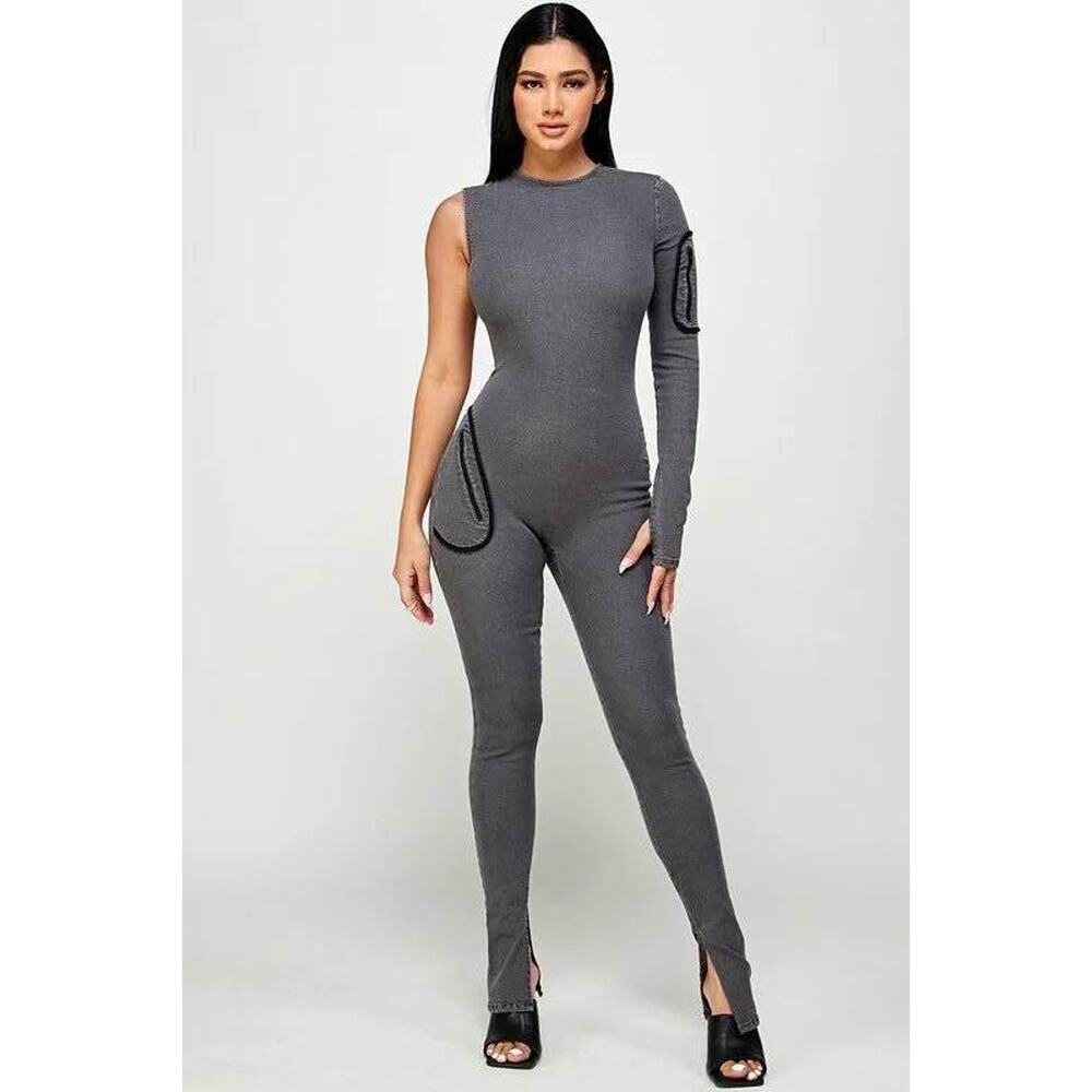 Nichole Lynel Women’s Medium Gray Soot Compartment Catsuit Denim Jumpsuit